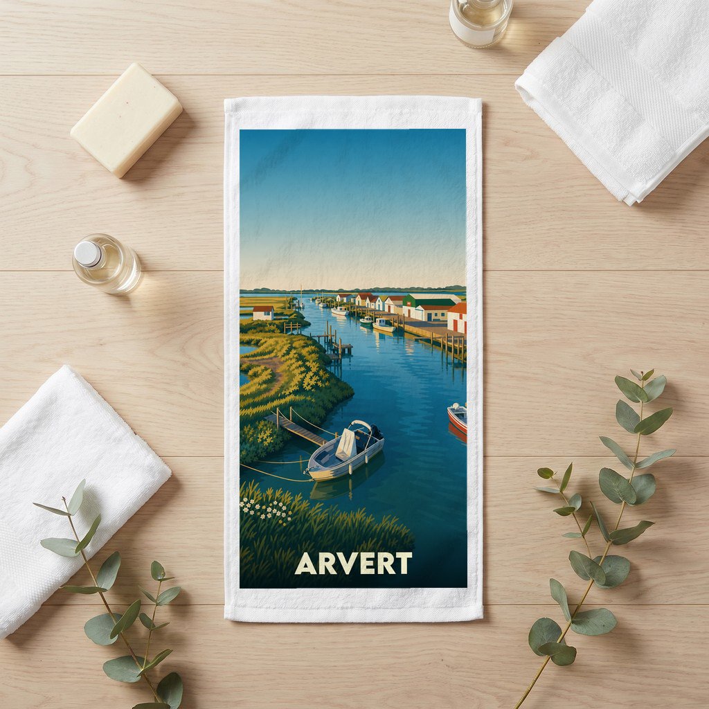 Serviette de bain souvenir de la ville d’Arvert avec une illustration stylisée de son port ostréicole.