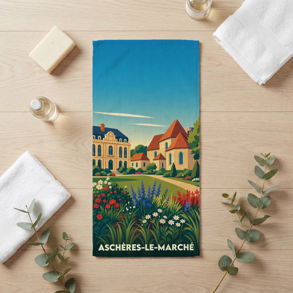 Serviette de bain souvenir de la ville de Aschères-le-Marché avec une illustration stylisée.