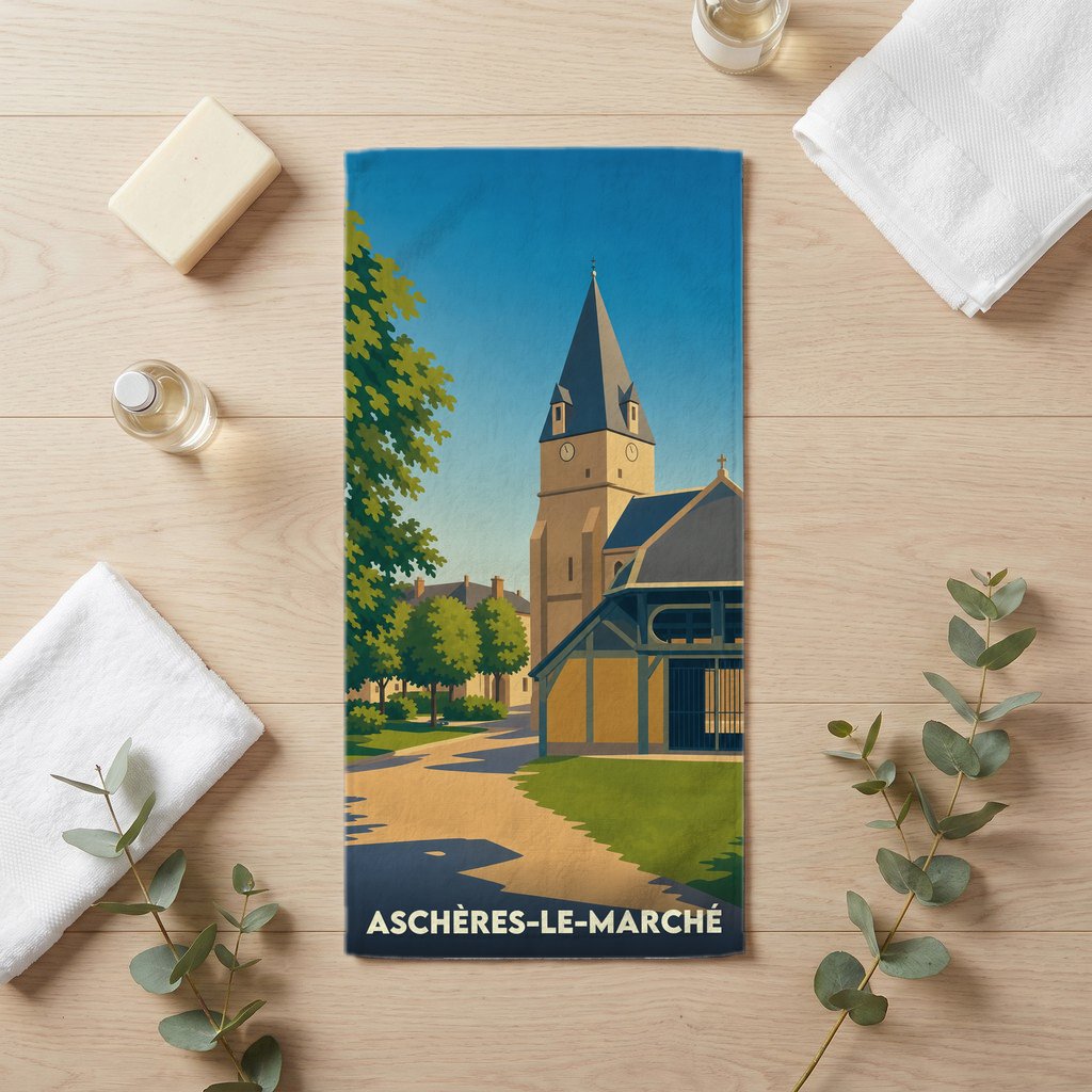 Serviette de bain souvenir de la ville de Aschères-le-Marché avec une illustration stylisée de son église et de sa halle.