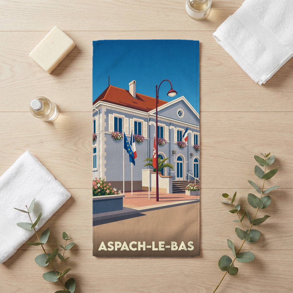 Serviette de bain souvenir de la ville d'Aspach-le-Bas avec une illustration stylisée de sa mairie.