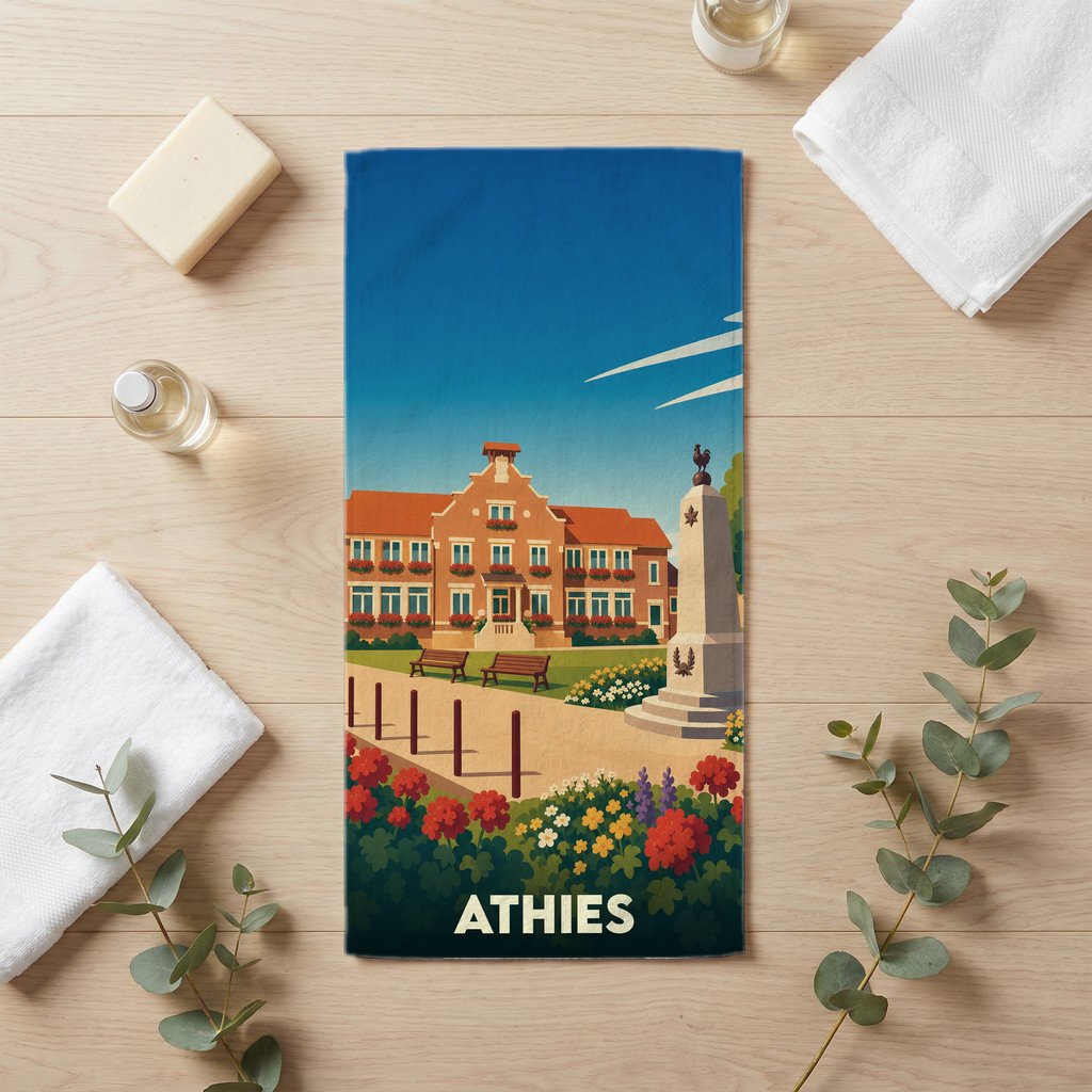 Serviette de bain souvenir de la ville d'Athies avec une illustration stylisée.