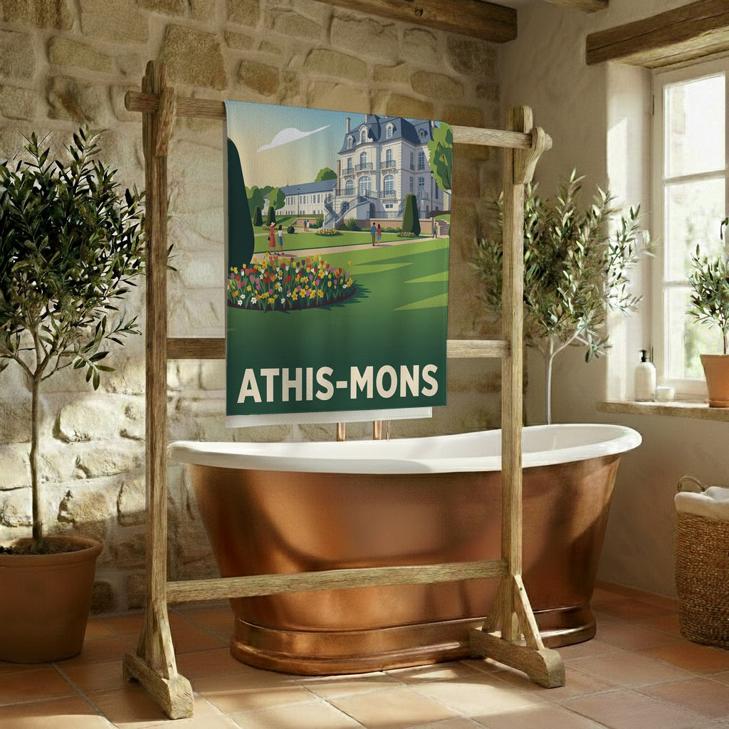 Serviette de bain souvenir de la ville d'Athis-Mons avec une illustration stylisée d'un château et de jardins fleuris.