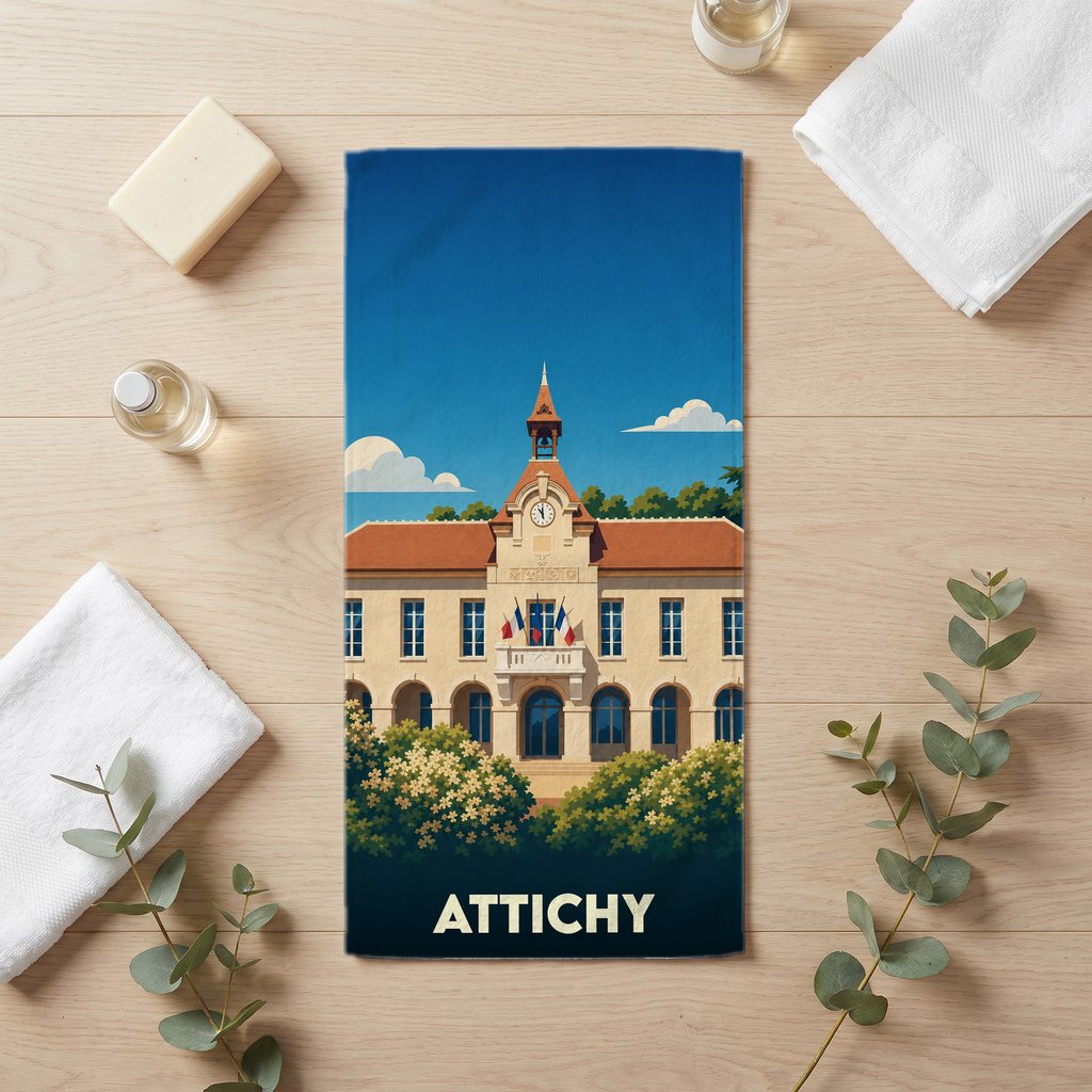 Serviette de bain souvenir de la ville d'Attichy avec une illustration stylisée de sa mairie.