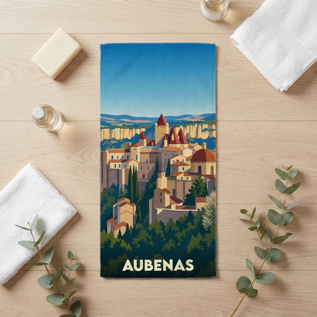 Serviette de bain souvenir de la ville d'Aubenas avec une illustration stylisée.