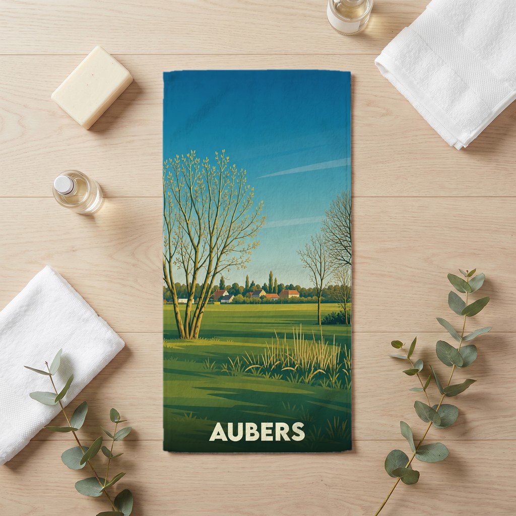 Serviette de bain souvenir de la ville de Aubers illustrée d'un paysage de campagne stylisé.
