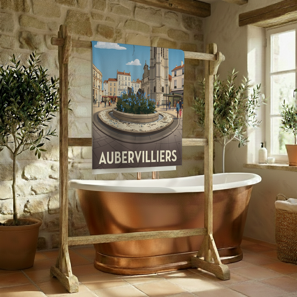 Serviette de bain souvenir de la ville d'Aubervilliers avec une illustration stylisée.