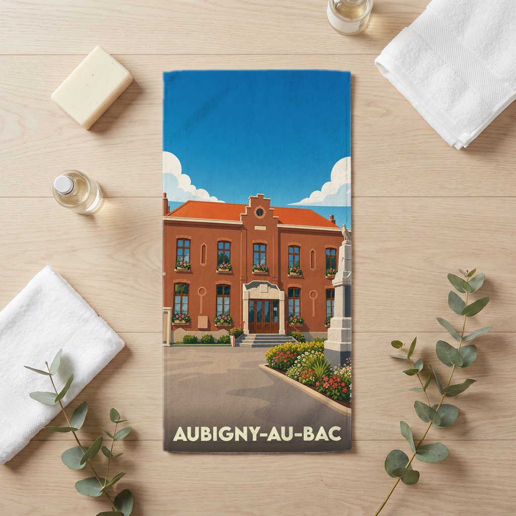 Serviette de bain souvenir de la ville d'Aubigny-au-Bac avec une illustration stylisée de sa mairie.