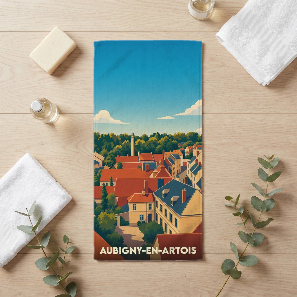 Serviette de bain souvenir de la ville d'Aubigny-en-Artois illustrée par une vue panoramique stylisée.