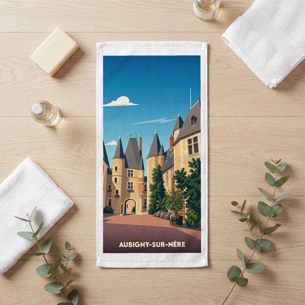 Serviette de bain souvenir d'Aubigny-sur-Nère avec une illustration stylisée de son château.