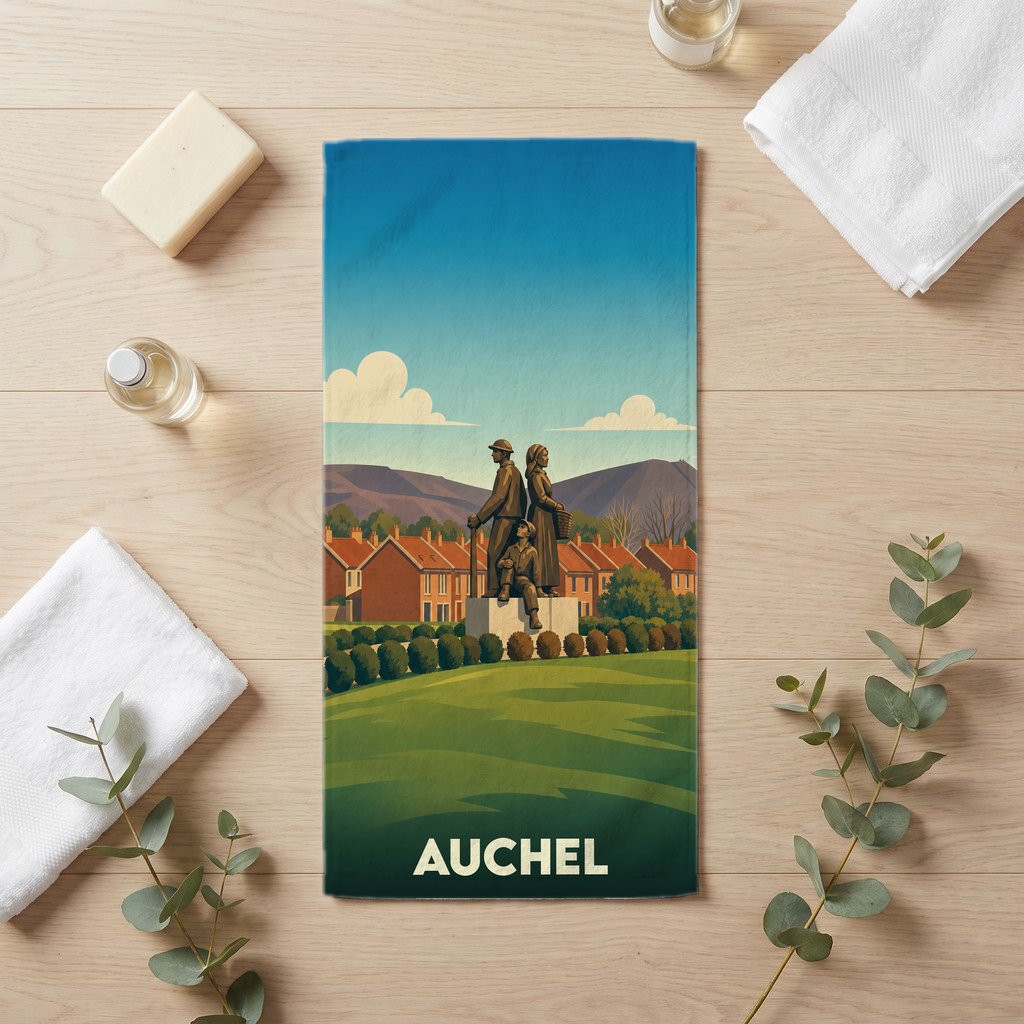 Serviette de bain souvenir de la ville de Auchel avec une illustration stylisée.