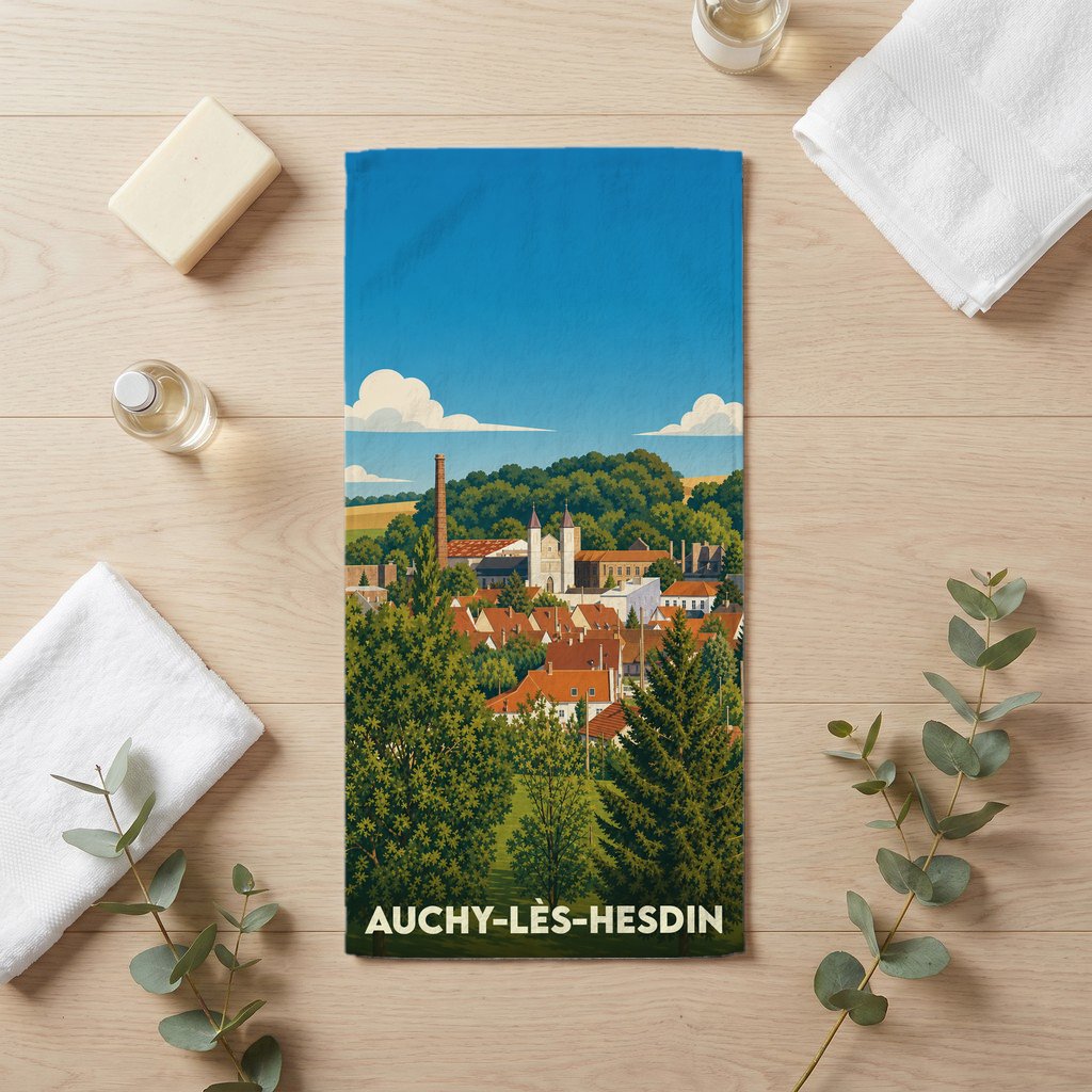 Serviette de bain souvenir de la ville de Auchy-lès-Hesdin avec une illustration de style vintage.