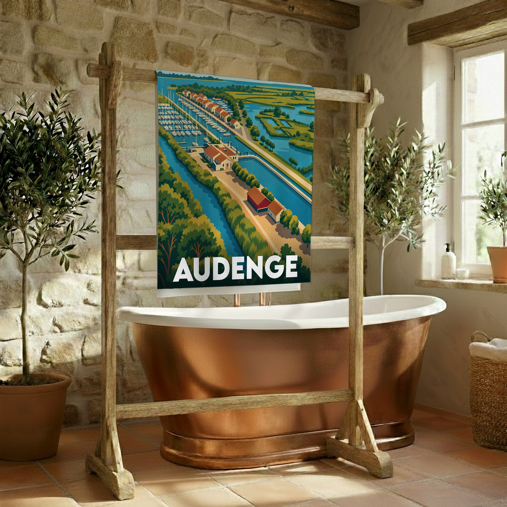 Serviette de bain souvenir de la ville d'Audenge avec une illustration stylisée de son port.