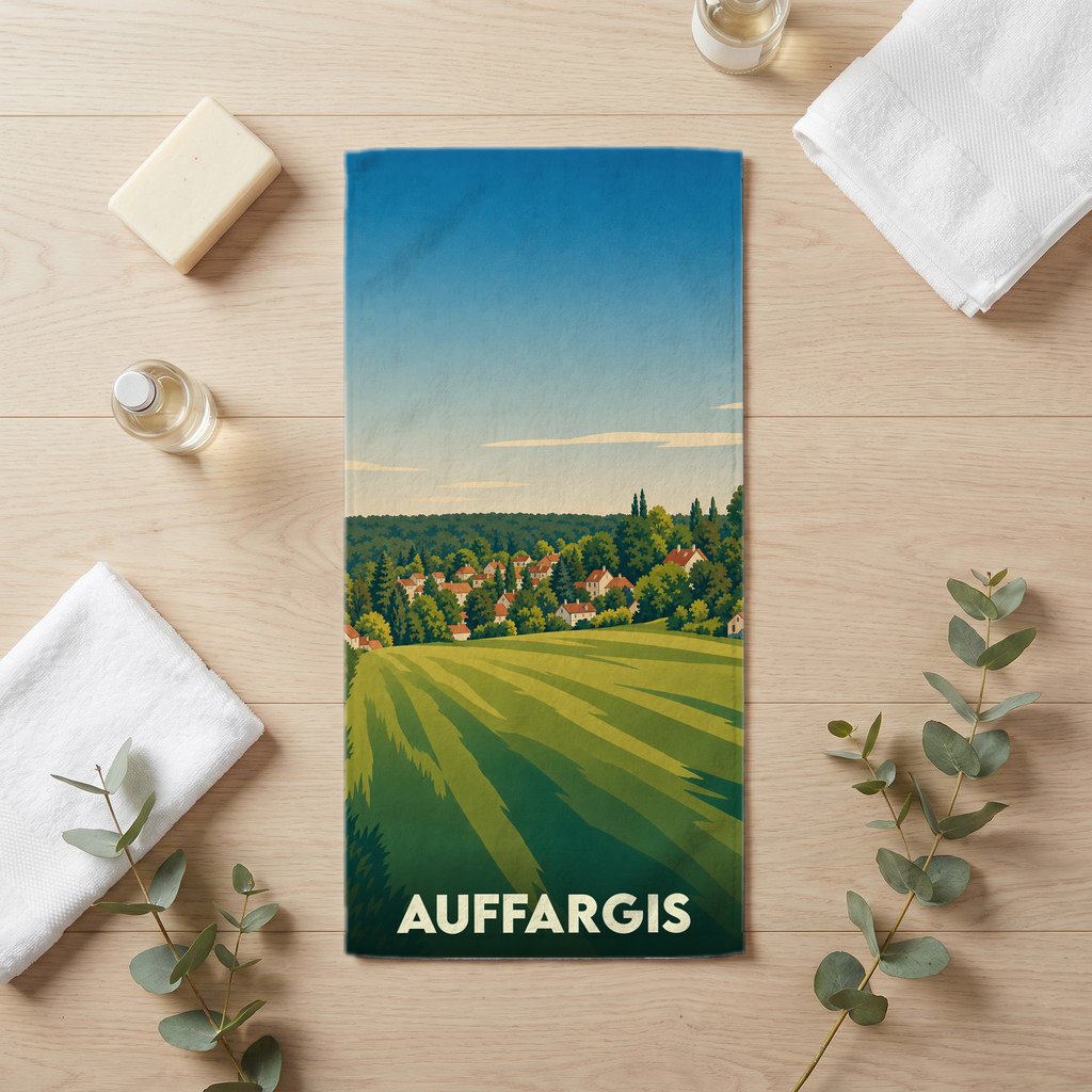 Serviette de bain souvenir de la ville d'Auffargis avec une illustration stylisée de paysages ruraux.