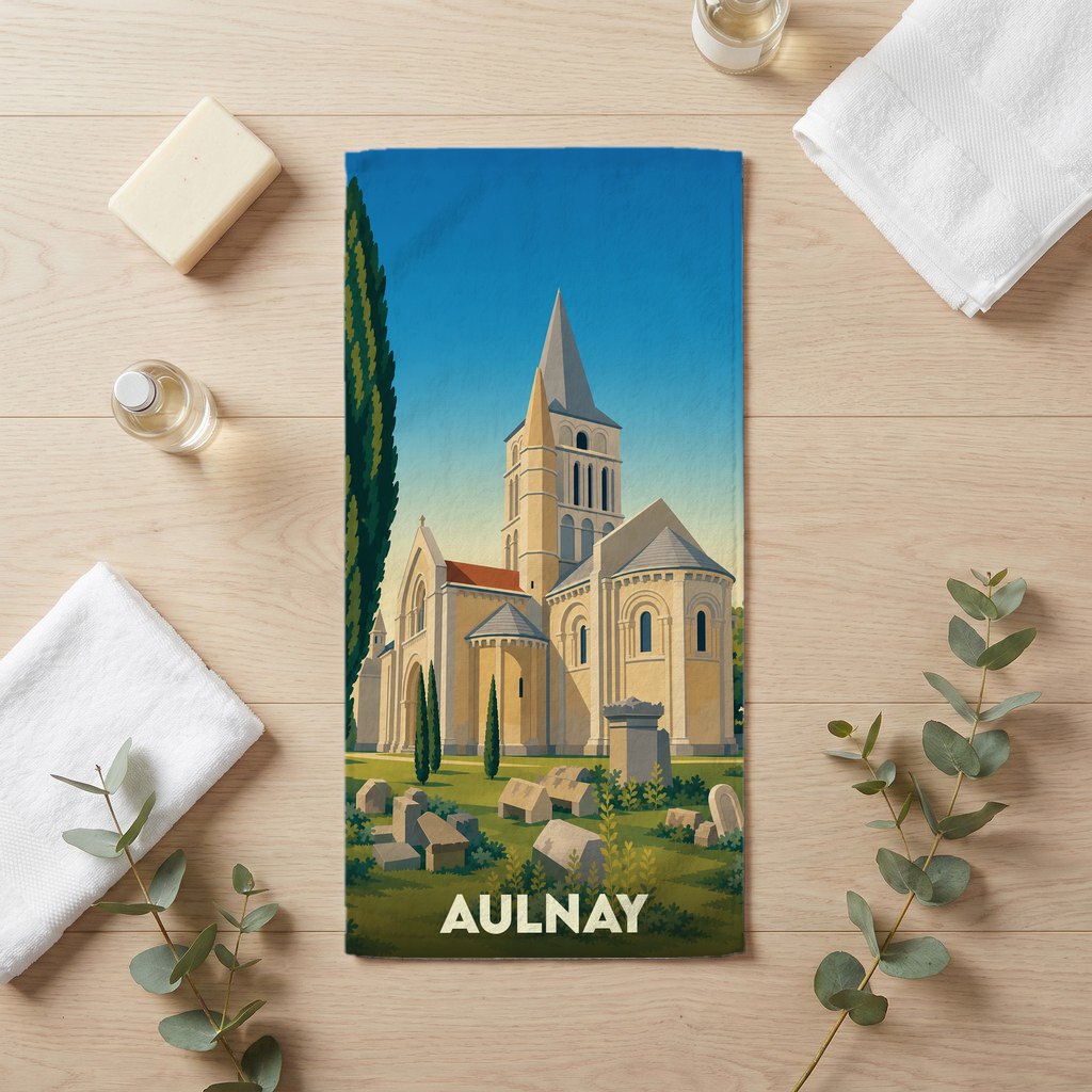 Serviette de bain souvenir de la ville d'Aulnay avec une illustration stylisée de son église romane.
