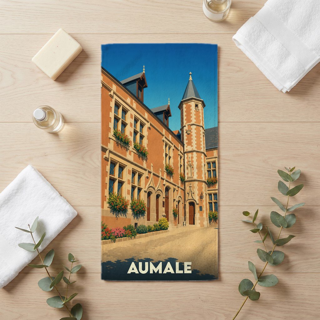 Serviette de bain souvenir de la ville d'Aumale illustrée d'une architecture ancienne aux tons brique.