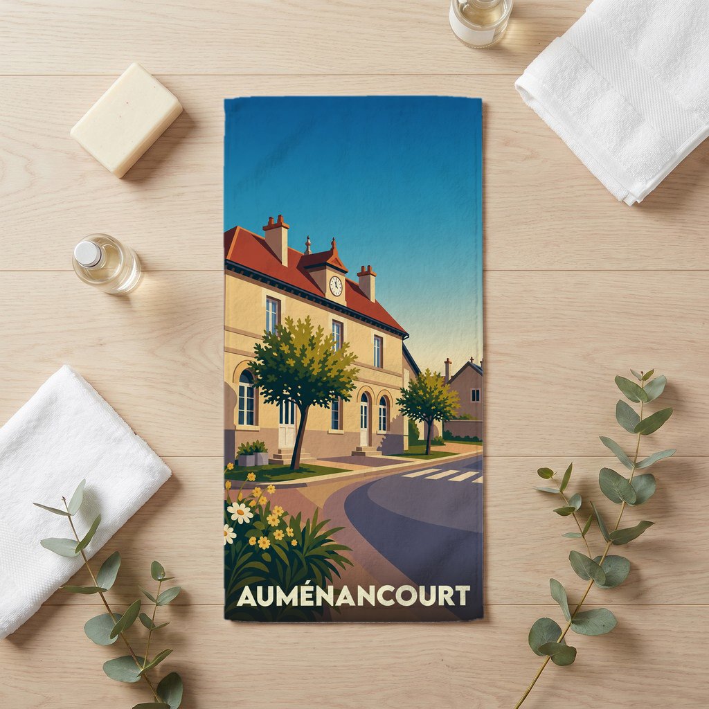Serviette de bain souvenir de la ville d'Auménancourt avec une illustration stylisée.