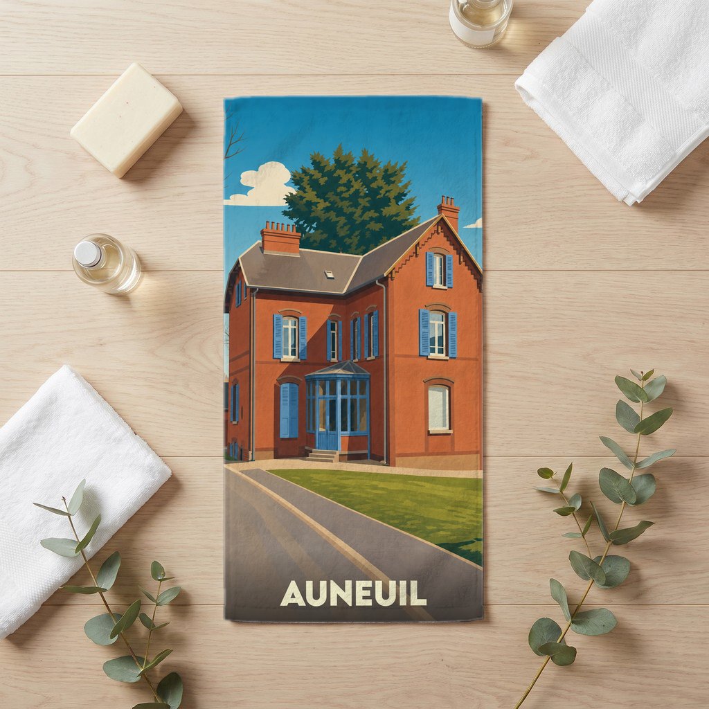 Serviette de bain souvenir de la ville d'Auneuil avec une illustration stylisée d'une maison bourgeoise en briques.