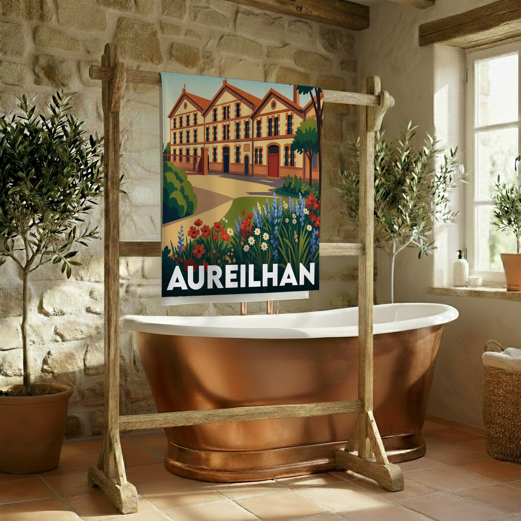 Serviette de bain souvenir de la ville d'Aureilhan avec une illustration stylisée et colorée.