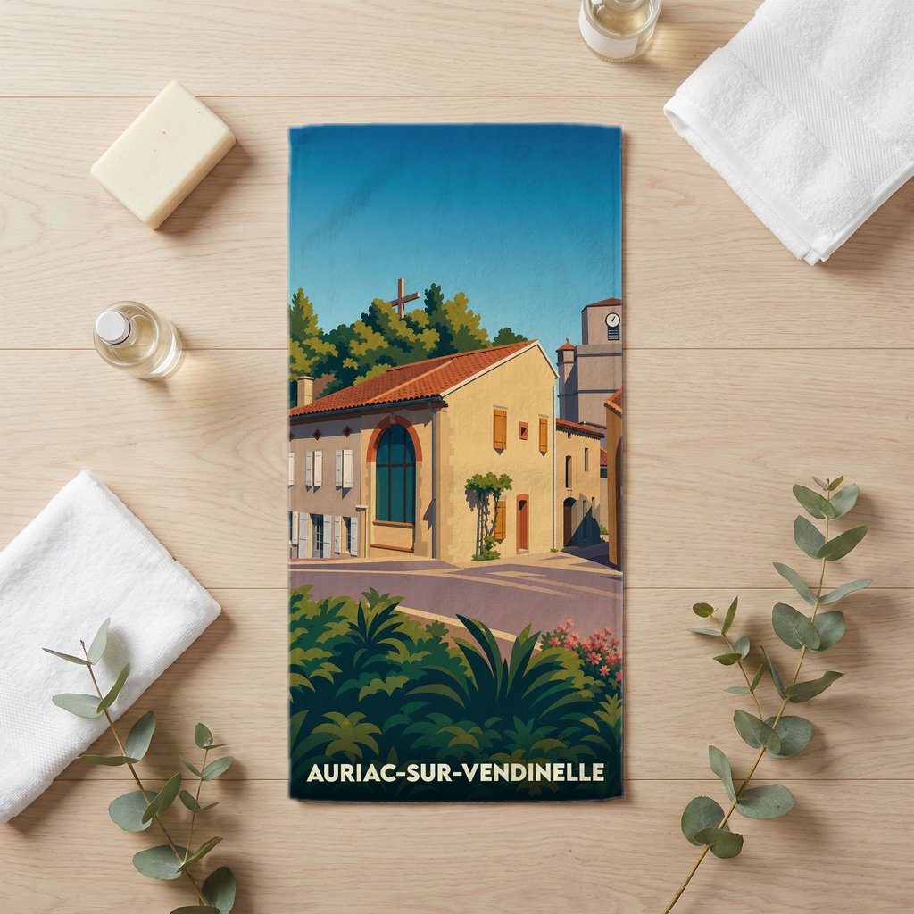 Serviette de bain souvenir de la ville de Auriac-sur-Vendinelle avec une illustration de paysage urbain coloré.