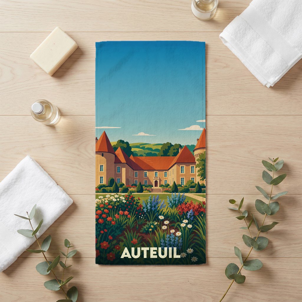 Serviette de bain souvenir de la ville d'Auteuil avec une illustration stylisée d'un village verdoyant.