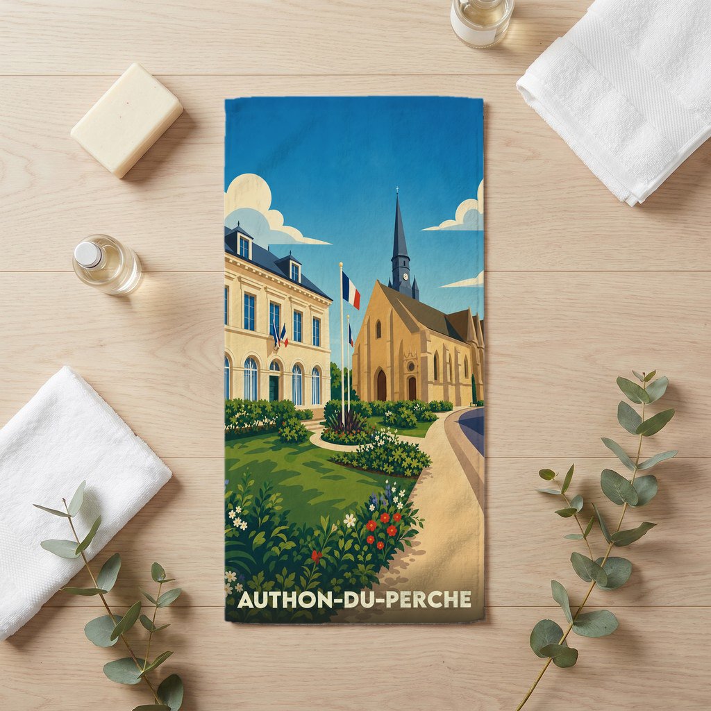 Serviette de bain souvenir de la ville de Authon-du-Perche avec une illustration stylisée.