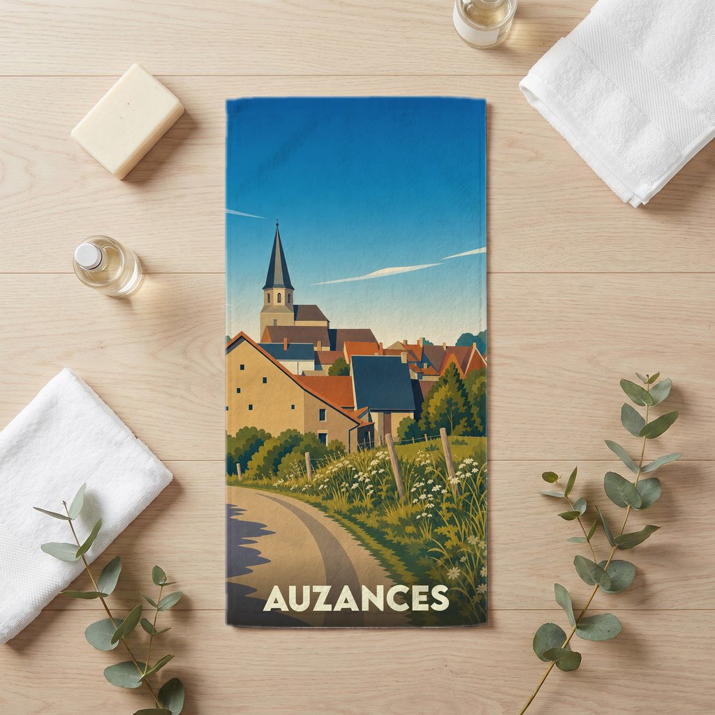 Serviette de bain souvenir de la ville d'Auzances avec une illustration stylisée d'un paysage urbain.