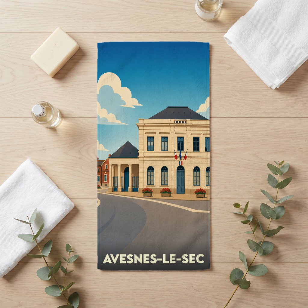 Serviette de bain souvenir de la ville d'Avesnes-le-Sec avec une illustration stylisée.