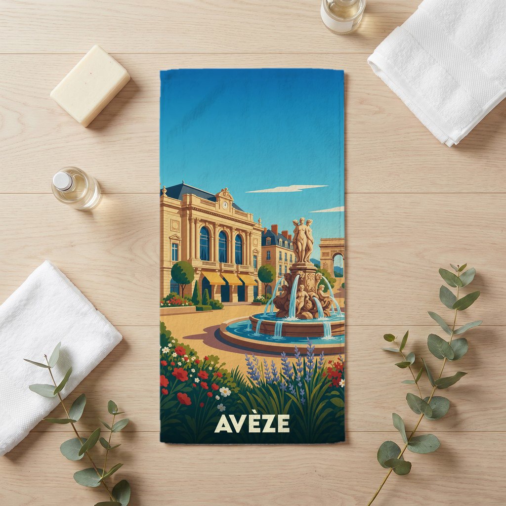 Serviette de bain souvenir de la ville de Avèze avec une illustration stylisée.