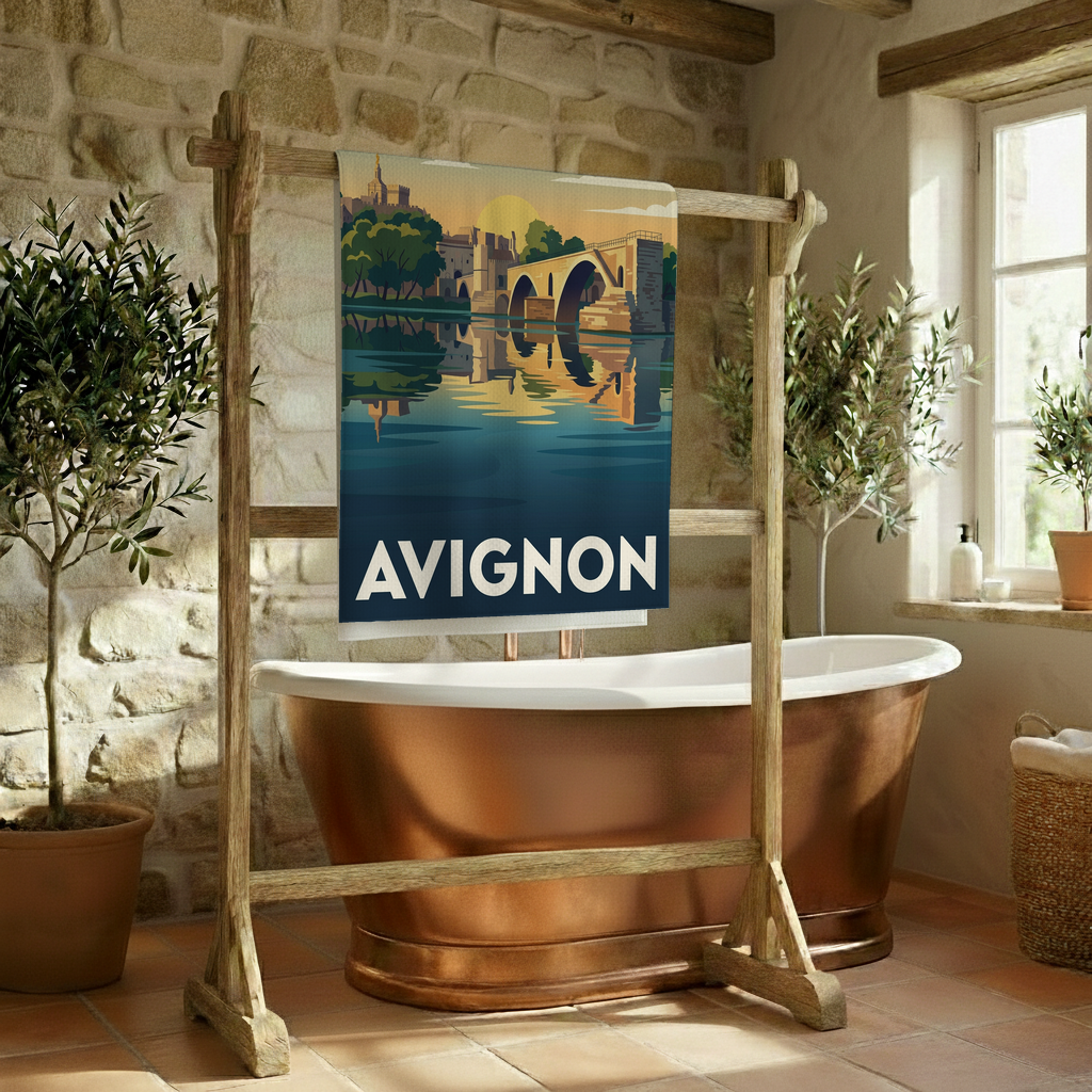 Serviette de bain souvenir de la ville d'Avignon avec une illustration stylisée.