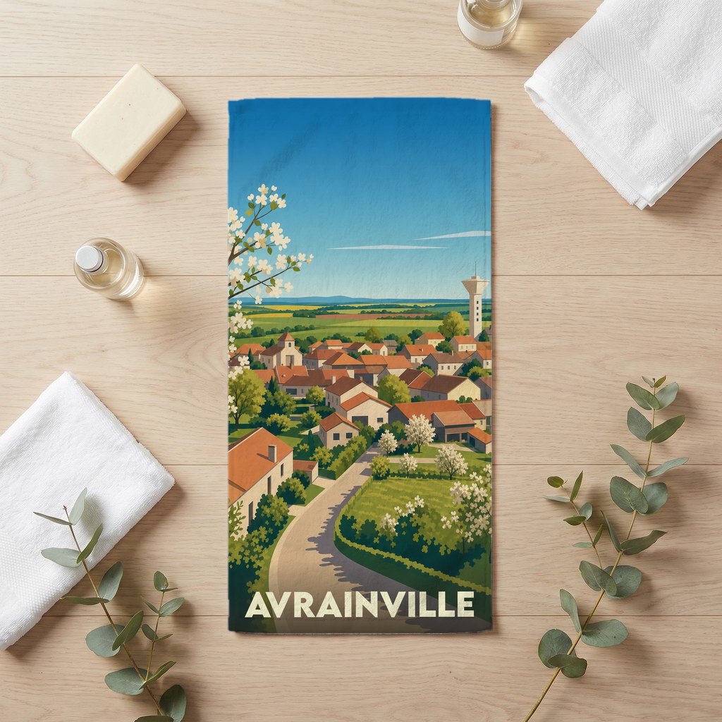 Serviette de bain souvenir de la ville d'Avrainville avec une illustration paysagère stylisée.