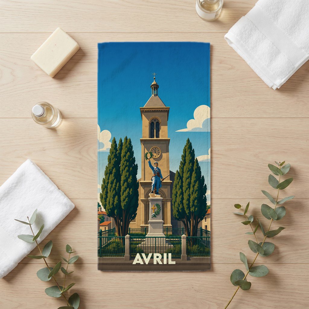 Serviette de bain souvenir de la ville de Avril avec une illustration stylisée d'un monument historique.