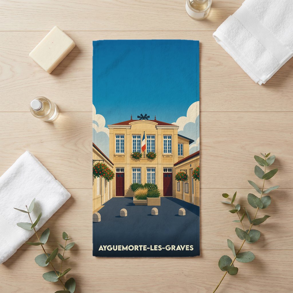 Serviette de bain souvenir de la ville de Ayguemorte-les-Graves avec une illustration stylisée.