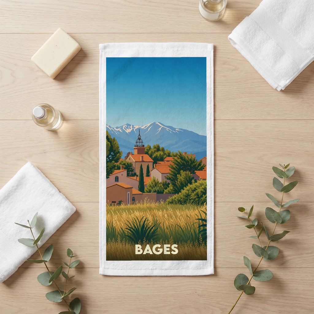 Serviette de bain souvenir de la ville de Bages avec une illustration stylisée.
