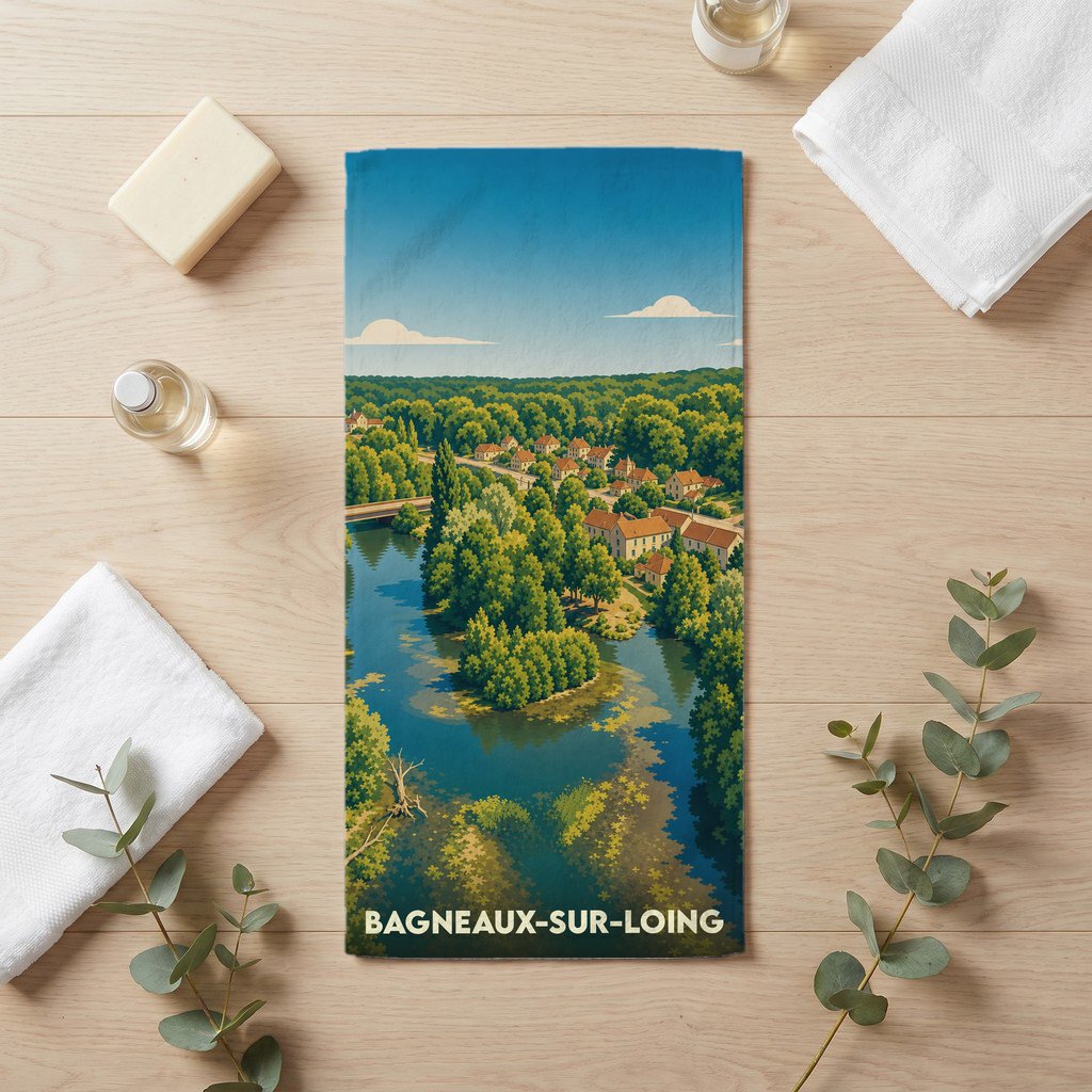Serviette de bain souvenir de la ville de Bagneaux-sur-Loing avec une illustration paysagère stylisée.