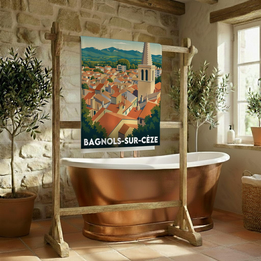 Serviette de bain souvenir de la ville de Bagnols-sur-Cèze avec une illustration stylisée.
