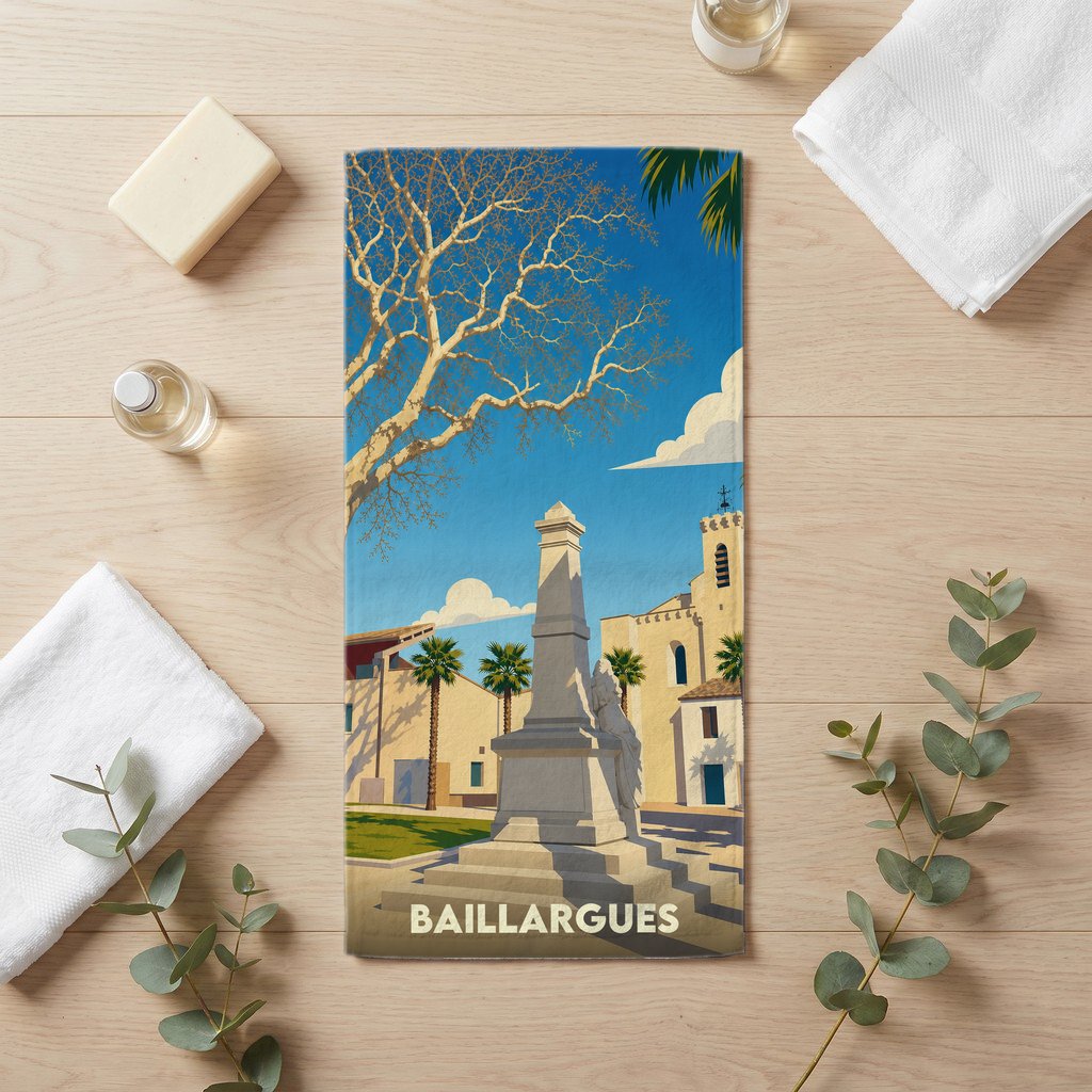 Serviette de bain souvenir de la ville de Baillargues illustrée d'un monument historique et d'arbres stylisés.