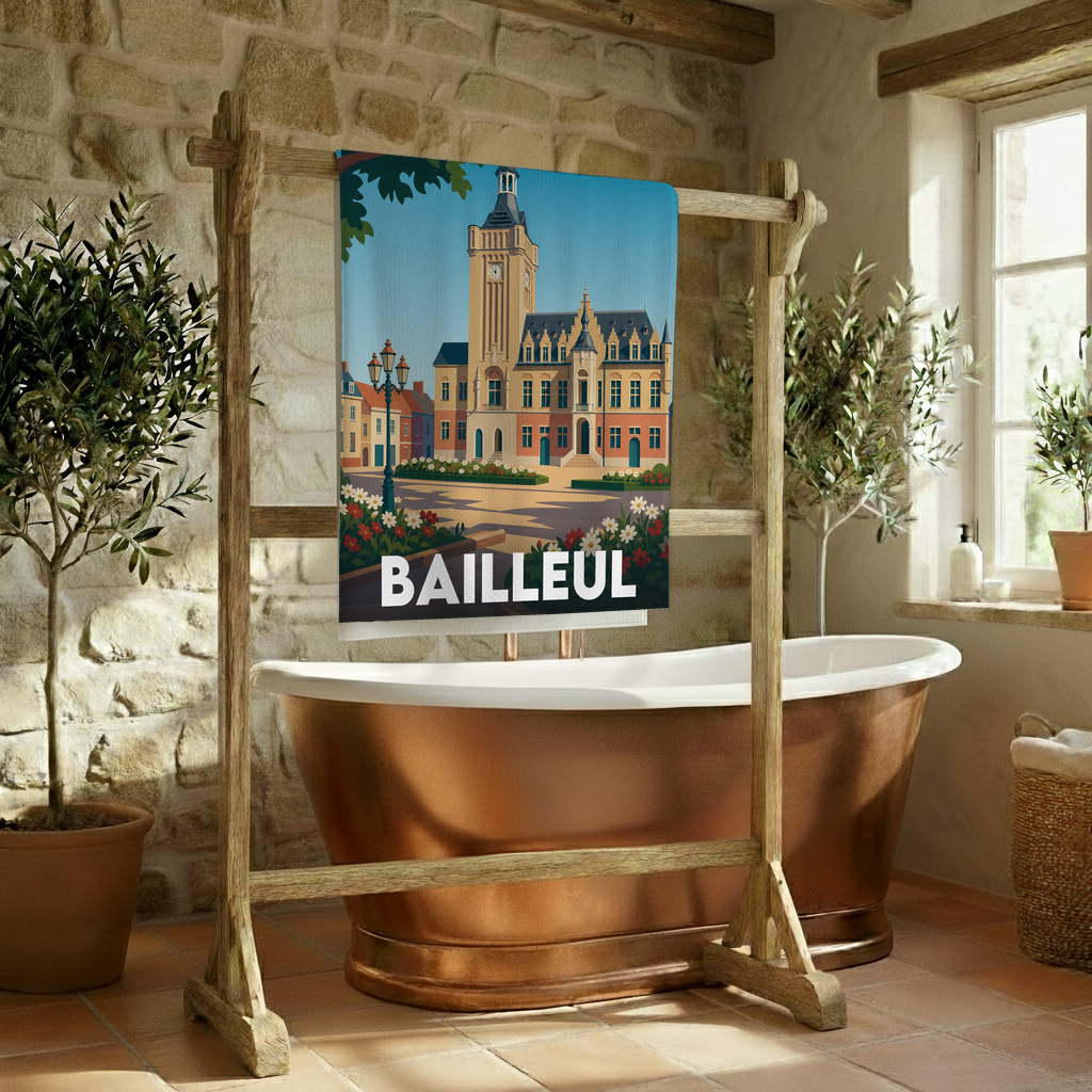 Serviette de bain souvenir de la ville de Bailleul avec une illustration stylisée de son beffroi.