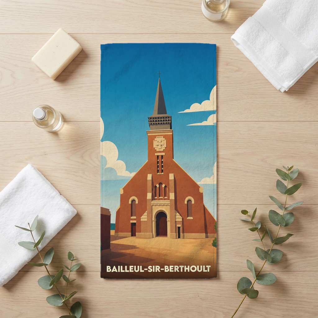 Serviette de bain souvenir de la ville de Bailleul-Sir-Berthoult avec une illustration stylisée de son église.