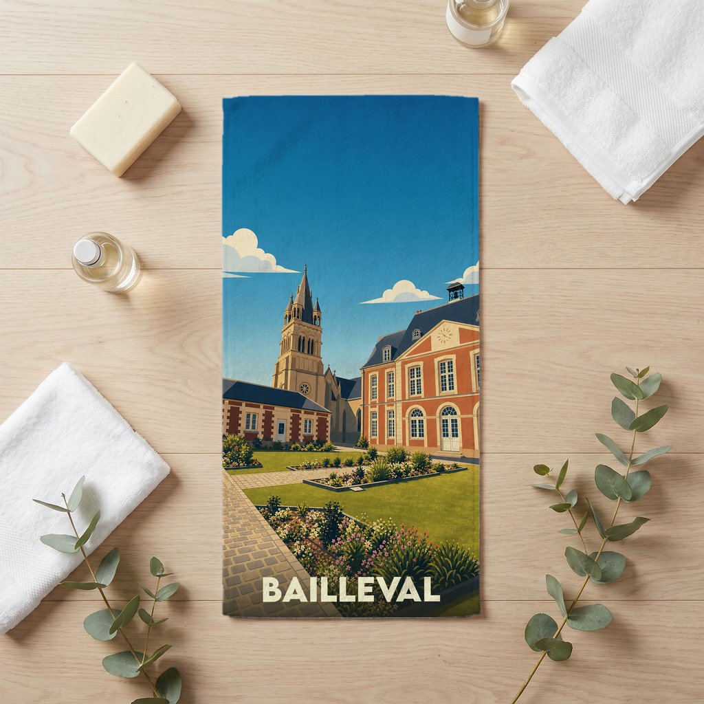 Serviette de bain souvenir de la ville de Bailleval avec une illustration stylisée.