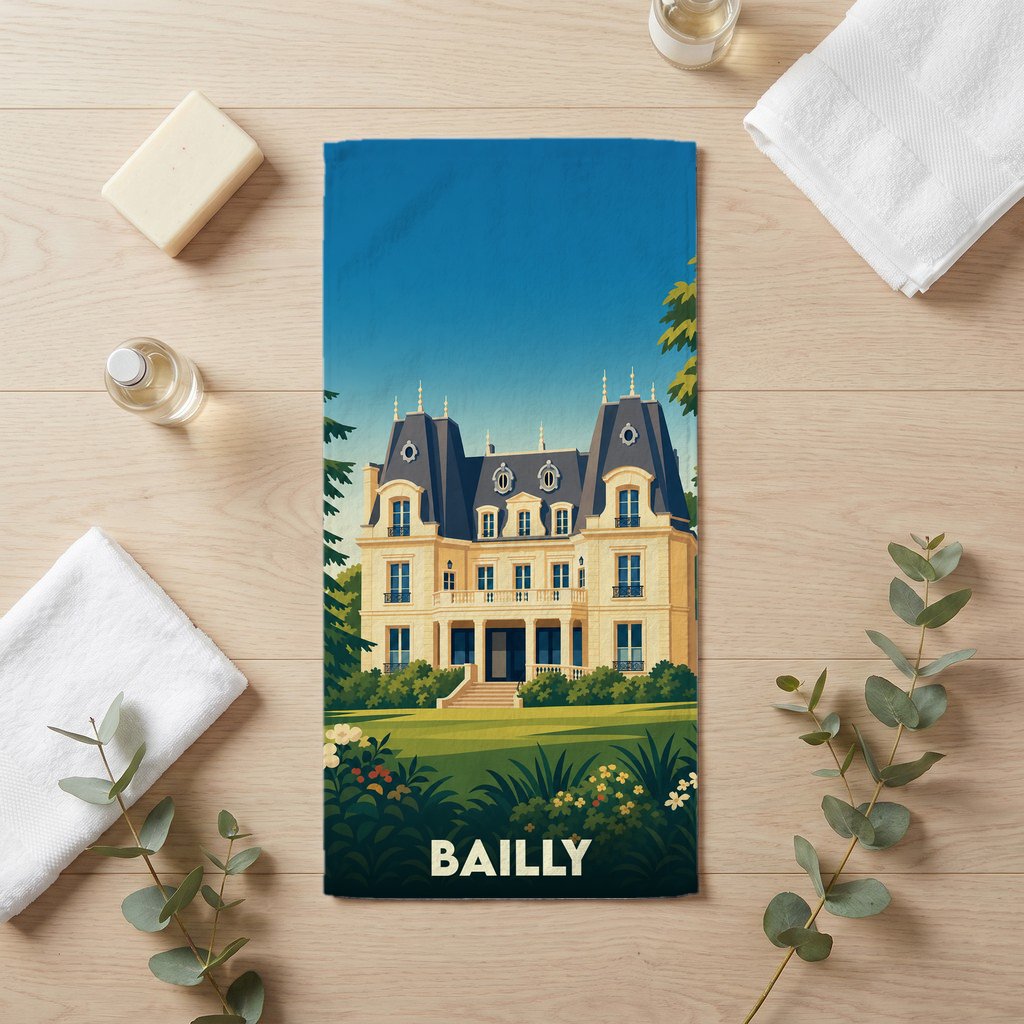 Serviette de bain souvenir de la ville de Bailly avec une illustration stylisée de son château.