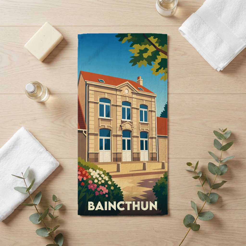 Serviette de bain souvenir de la ville de Baincthun avec une illustration stylisée.