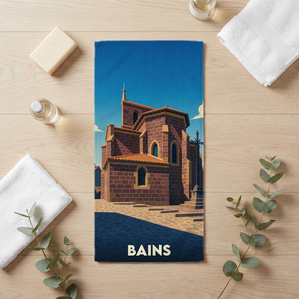 Serviette de bain souvenir de la ville de Bains avec une illustration stylisée de son église.