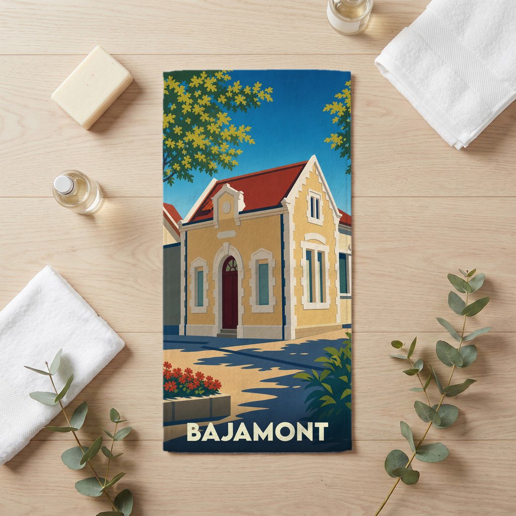 Serviette de bain souvenir de la ville de Bajamont avec une illustration stylisée d'une maison jaune.