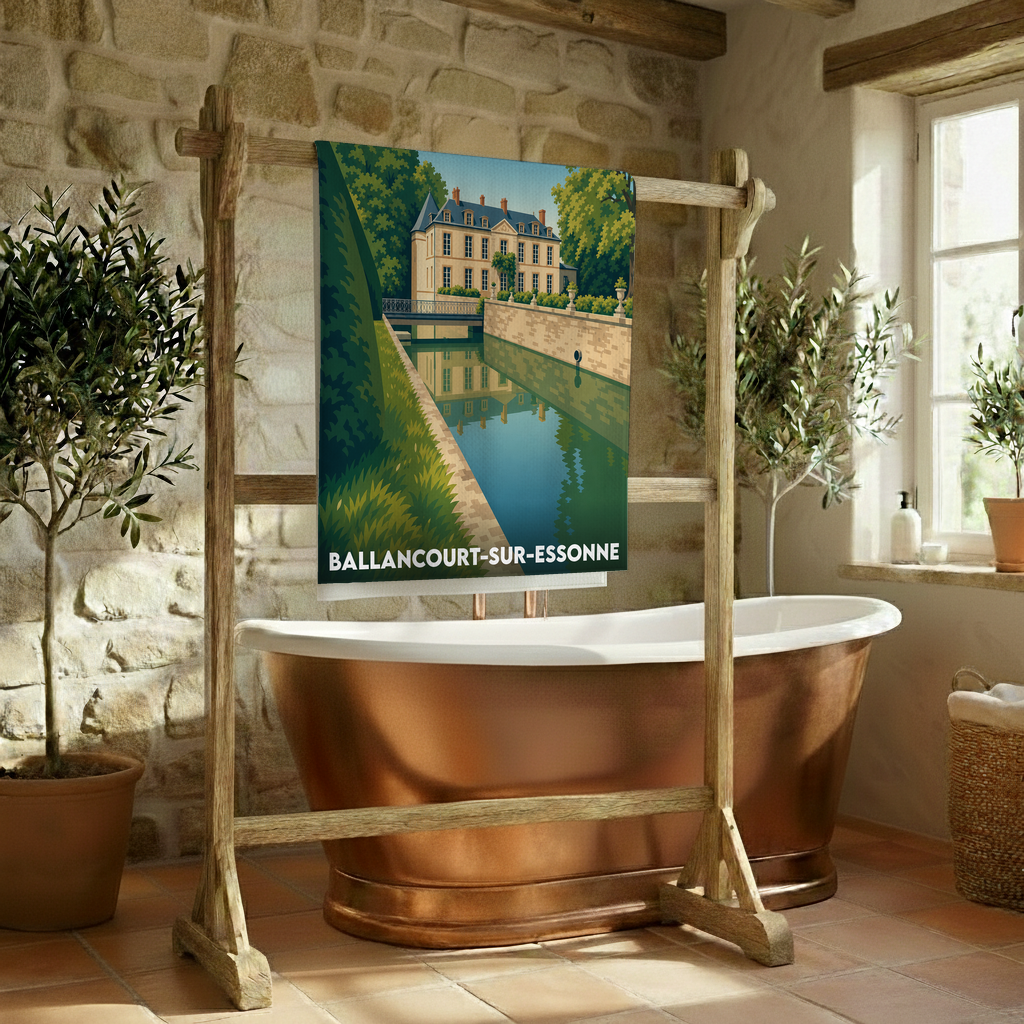 Serviette de bain souvenir de Ballancourt-sur-Essonne avec une illustration stylisée de son château et de ses douves.