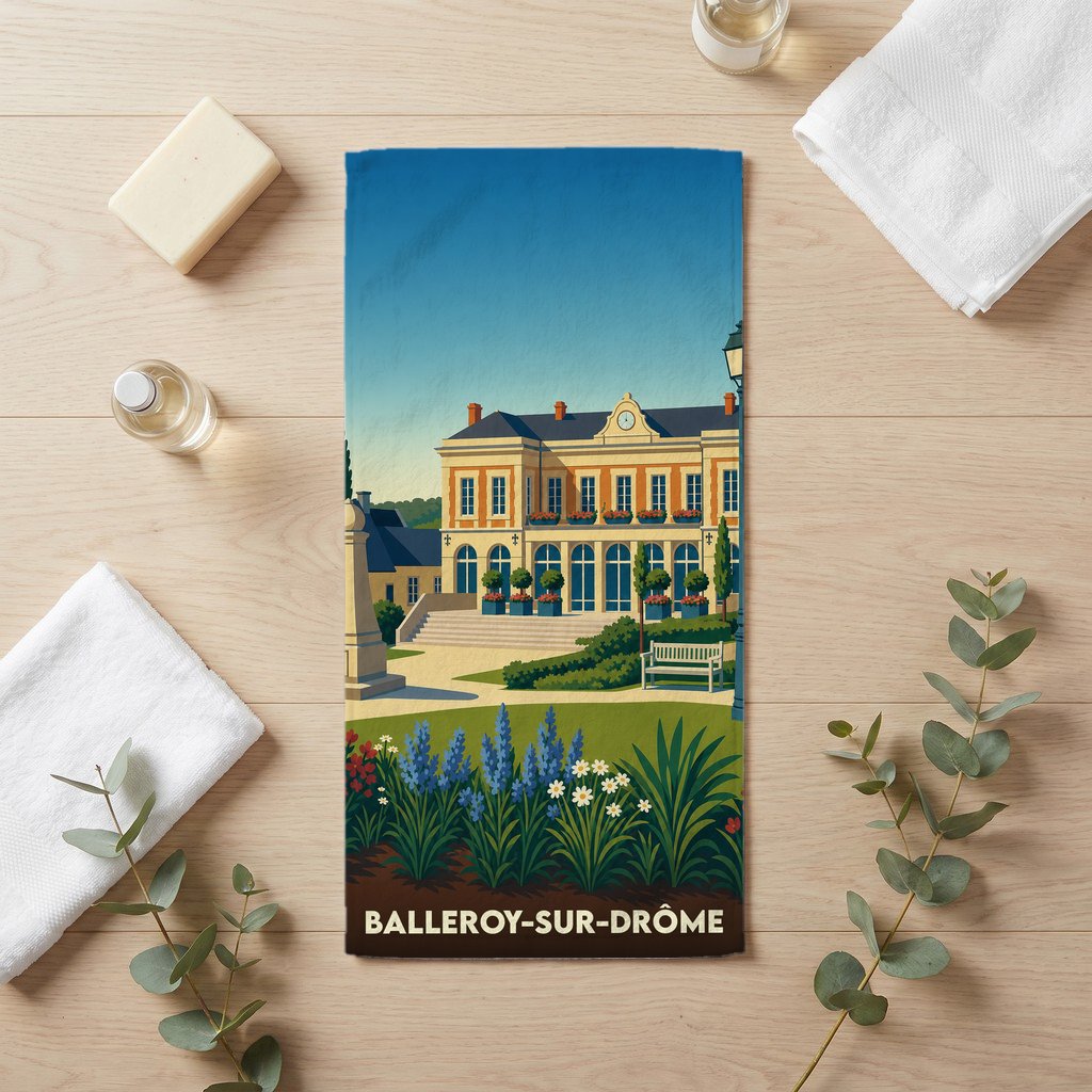 Serviette de bain souvenir de la ville de Balleroy-sur-Drôme avec une illustration stylisée de château et jardins.