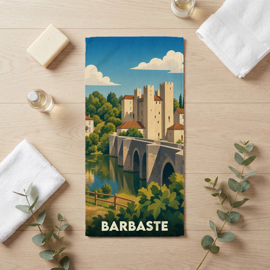 Serviette de bain souvenir de la ville de Barbaste avec une illustration stylisée d'un pont et d'un château.