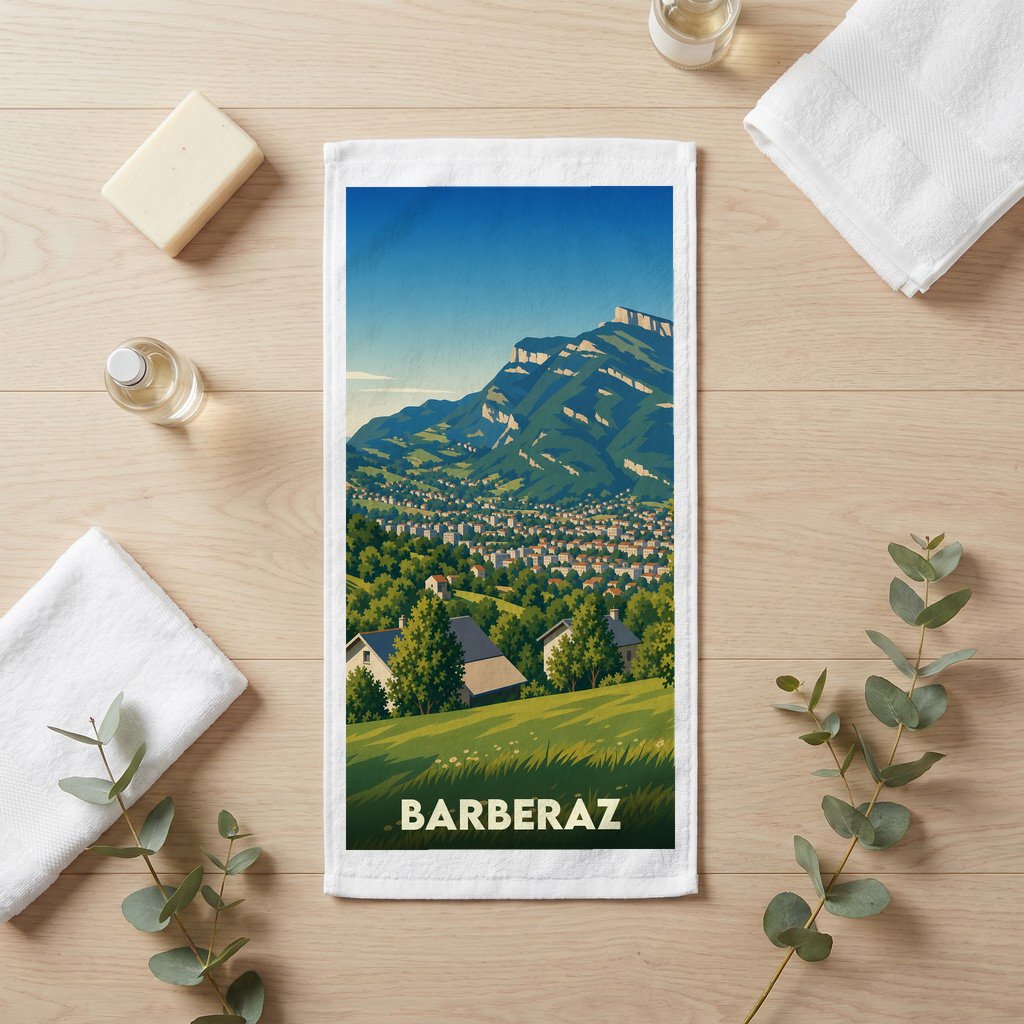 Serviette de bain souvenir de la ville de Barberaz ornée d'une illustration paysagère stylisée.