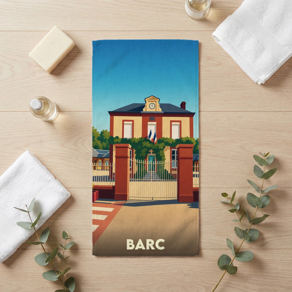 Serviette de bain souvenir de la ville de Barc avec une illustration stylisée d'un bâtiment officiel.