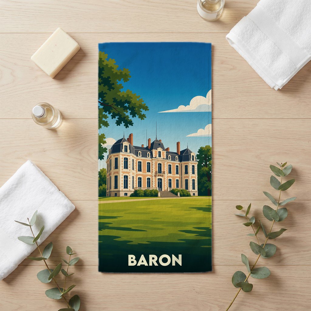 Serviette de bain souvenir de la ville de Baron illustrée d'un château de style classique.