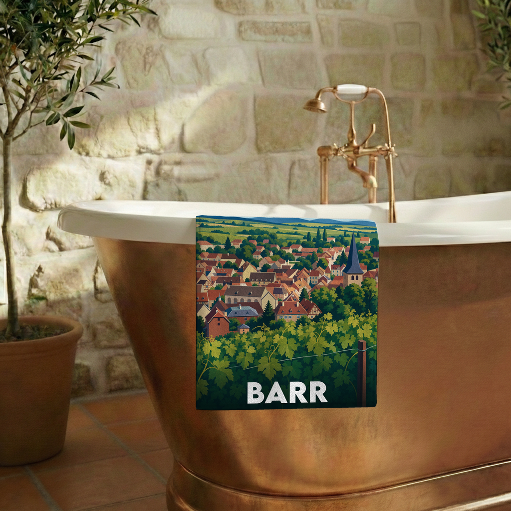 Serviette de bain souvenir de la ville de Barr avec une illustration stylisée de ses paysages et vignobles.